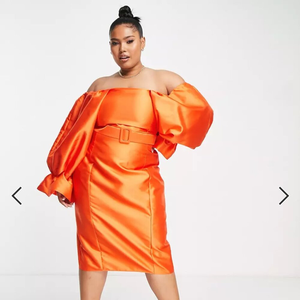 ASOS LUXE Curve belted drama sleeve structured satin midi dress in hot orange